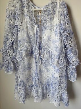 House of Harlow 1960 White and Light Blue Eyelet Lace Blouse